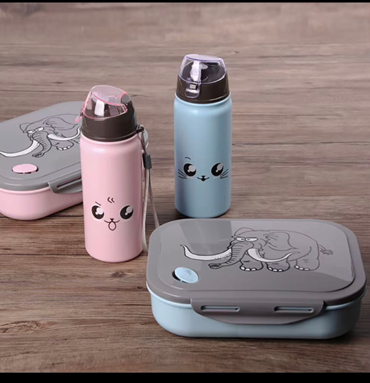 Elephant Pattern Microwaveable Portable Kids Children Snack Box Food Storage Box Lunch Box with Water Bottle Set