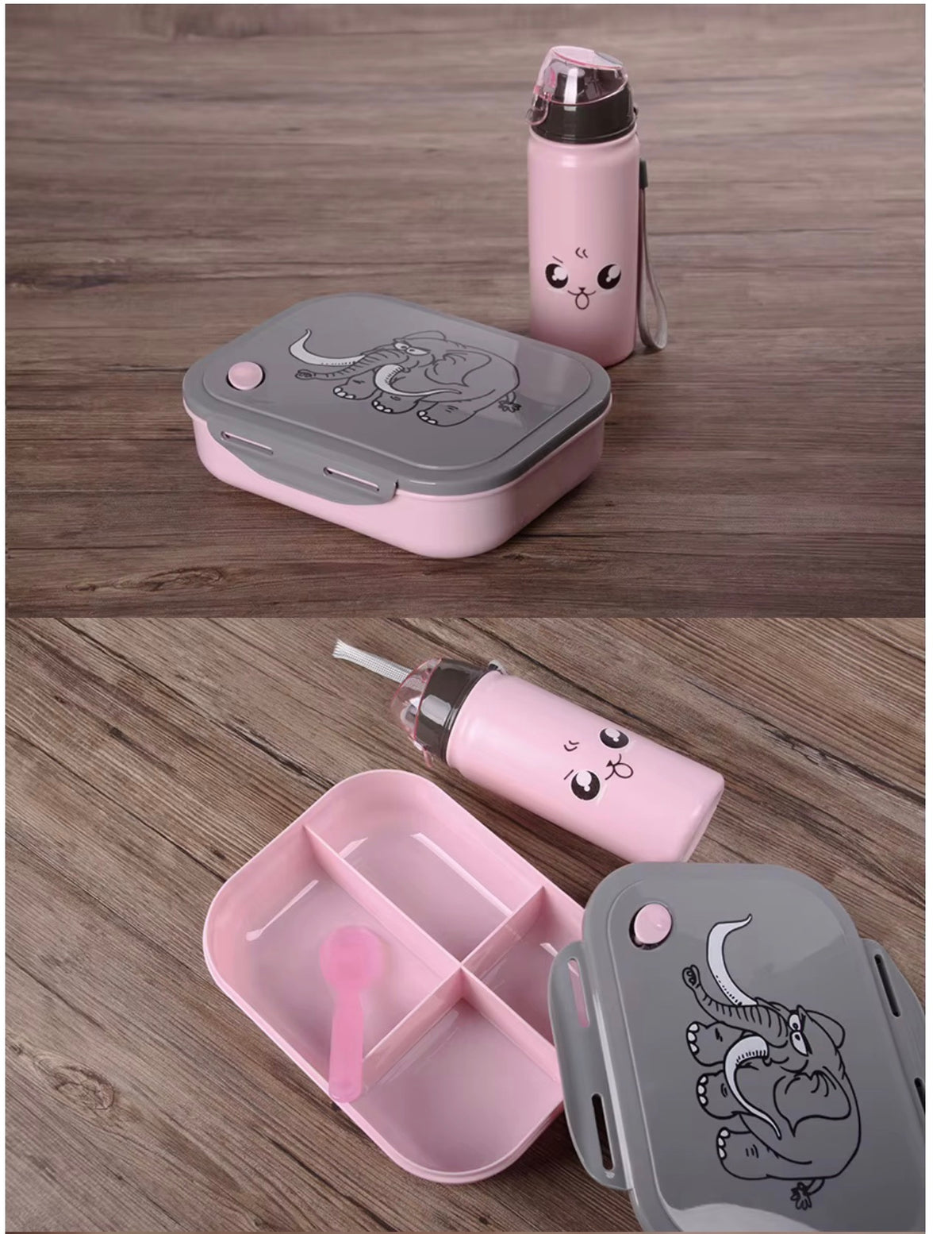 Elephant Pattern Microwaveable Portable Kids Children Snack Box Food Storage Box Lunch Box with Water Bottle Set
